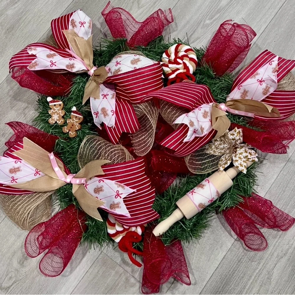 Festive Red and White Christmas Gingerbread‎ Wreath, 18 in Base